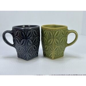 2 Studio Pottery Green Blue Coffee Mugs Cup Hand Thrown  Artist Signed R/W 04 05